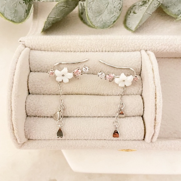 925 Sterling Silver Cherry Blossom Earrings Dangle Flower Petal Drop Earrings - Picture 2 of 5